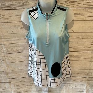 Jamie Sadock Sleeveless Light Blue, Black, and White Checked Golf Polo Sz Med